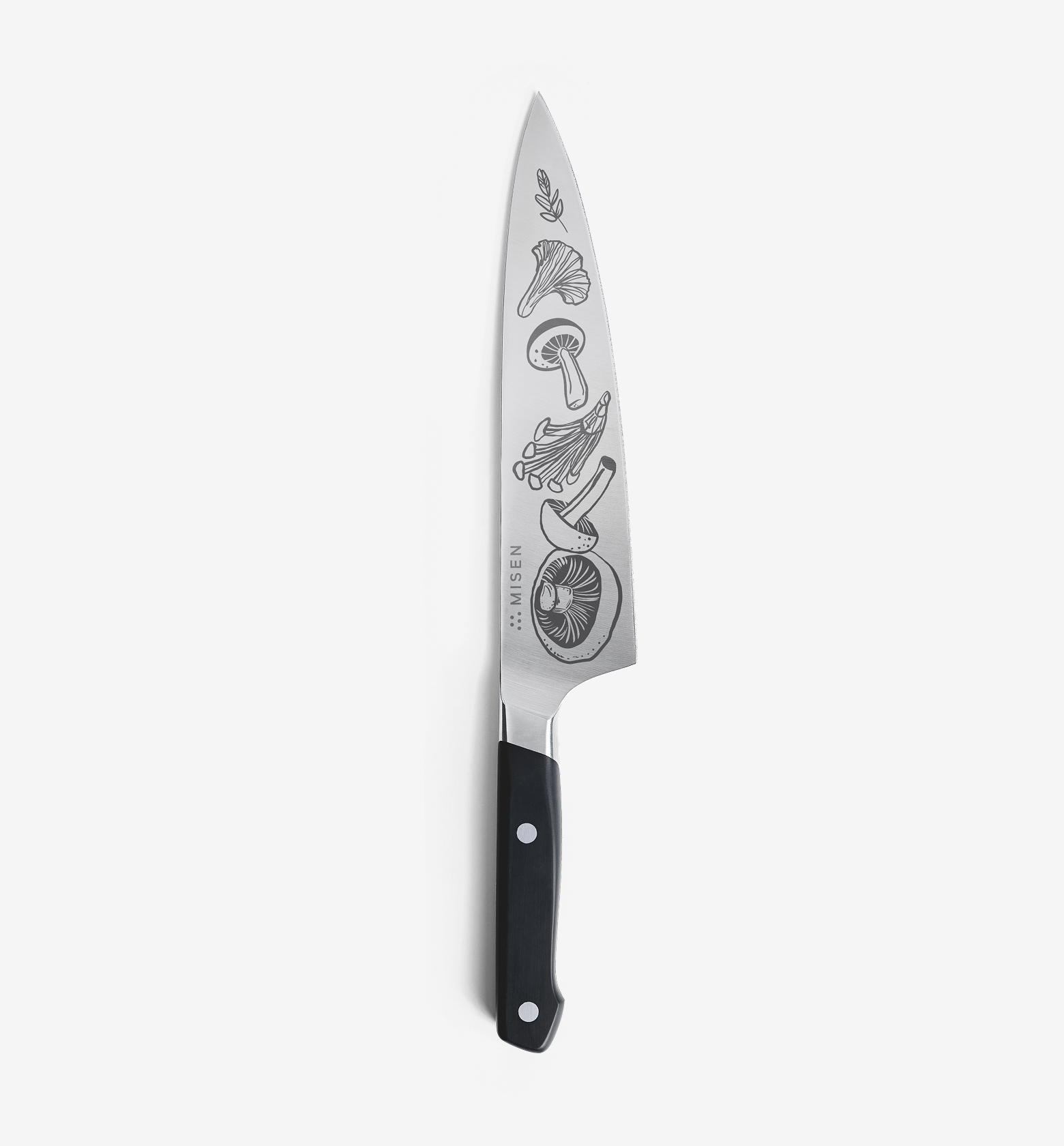 Misen chef's knife with engraved mushroom illustrations on stainless steel blade